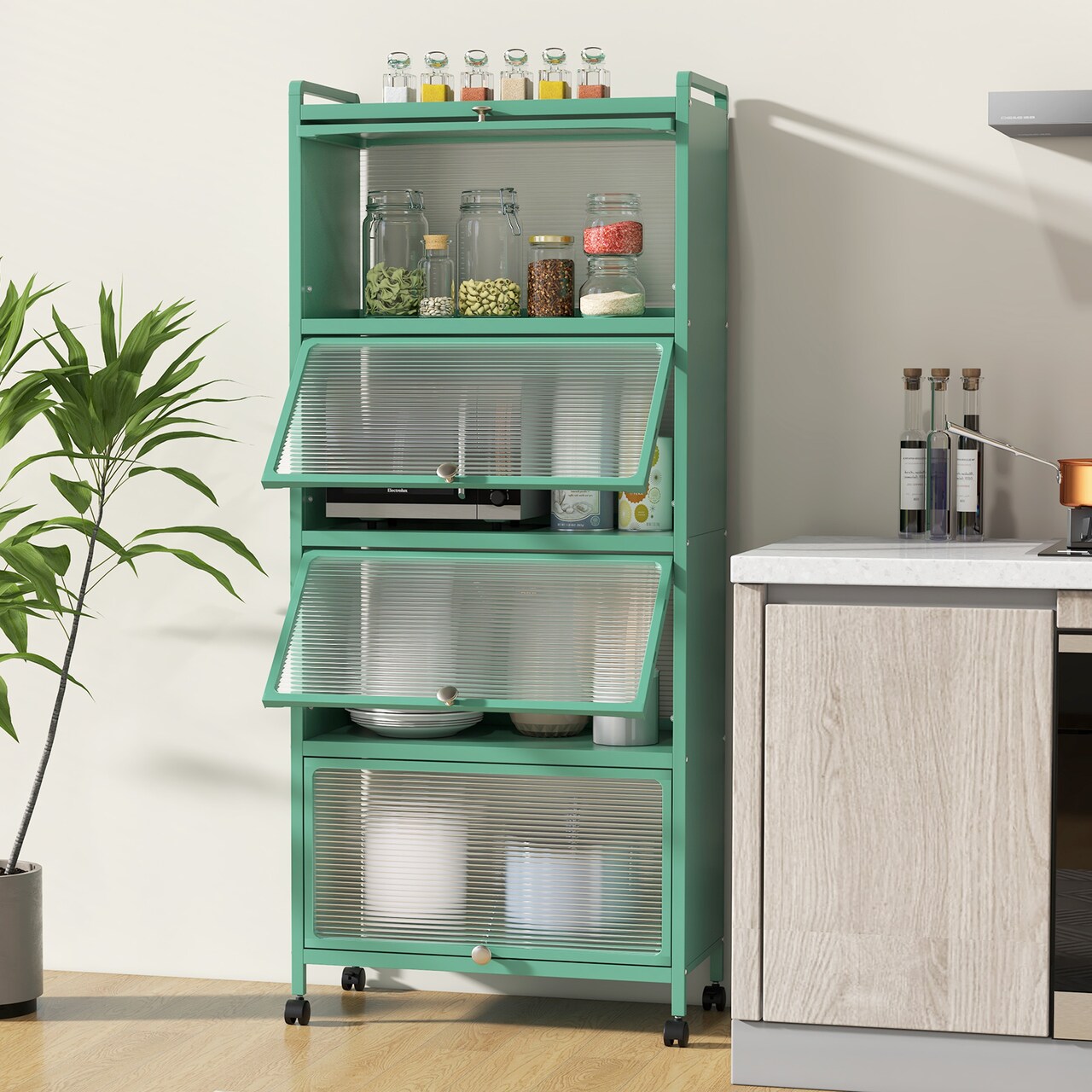 Space-Saving 5-Tier Kitchen Rack with Retractable Flip-Up Doors and Casters